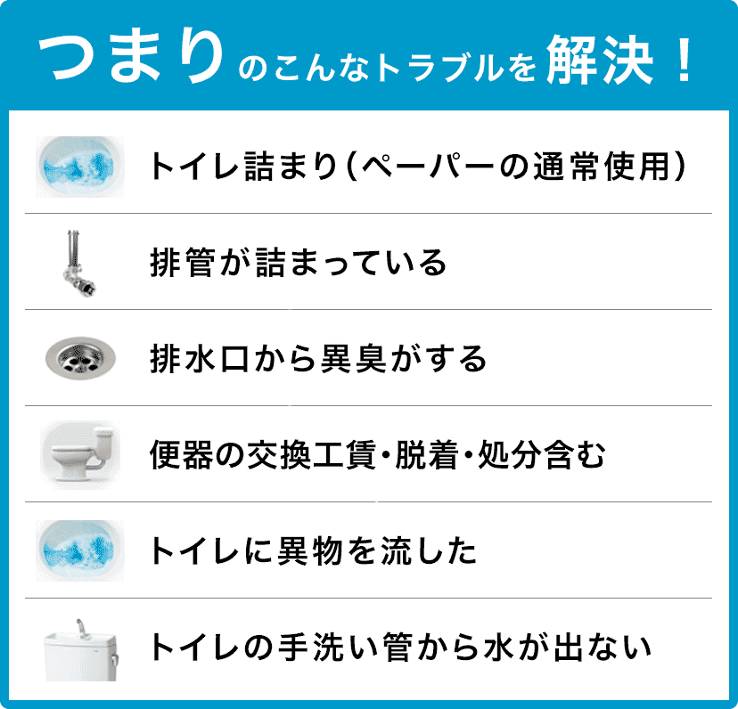 トイレタンクの水が止まらない/トイレタンクから水が出ない/トイレつまり(ペーパーの通常使用)/トイレに異物を流した/便器の交換(工賃のみ)・脱着・処分含む/トイレの手洗い管から水が出ない/ウォッシュレットの取付作業